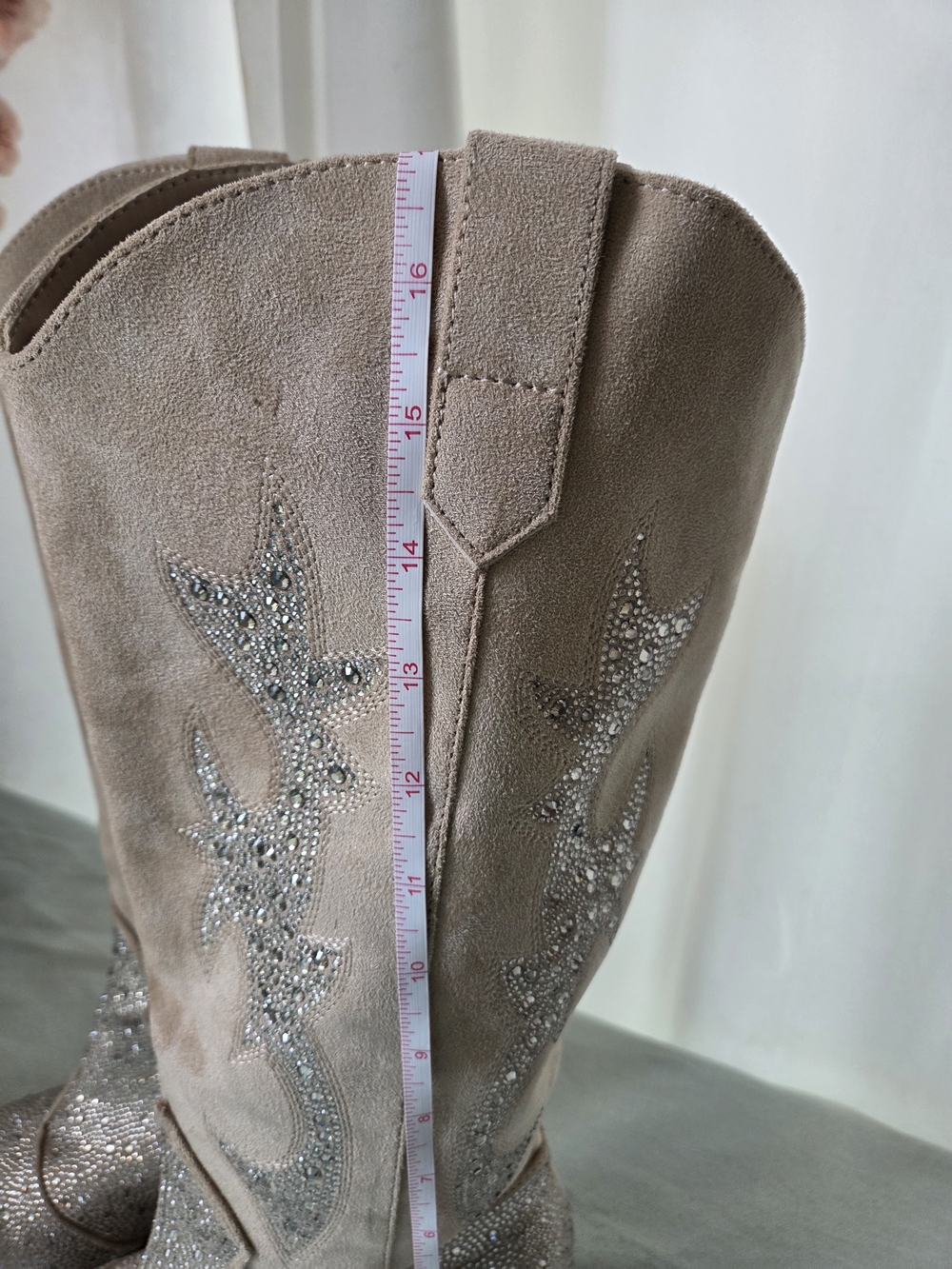 Crystal Embellished Taupe Tan Suede Knee-High Western Cow Girl Boots Madden NYC - Picture 2 of 16